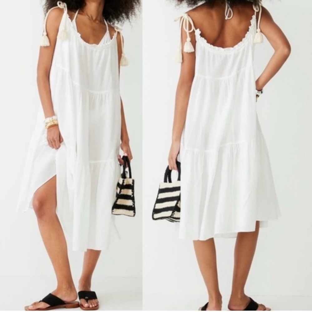 J. Crew White Midi Dress Cover Up Cotton Gauze Tiered Rope Tie XXS/XS Oversized